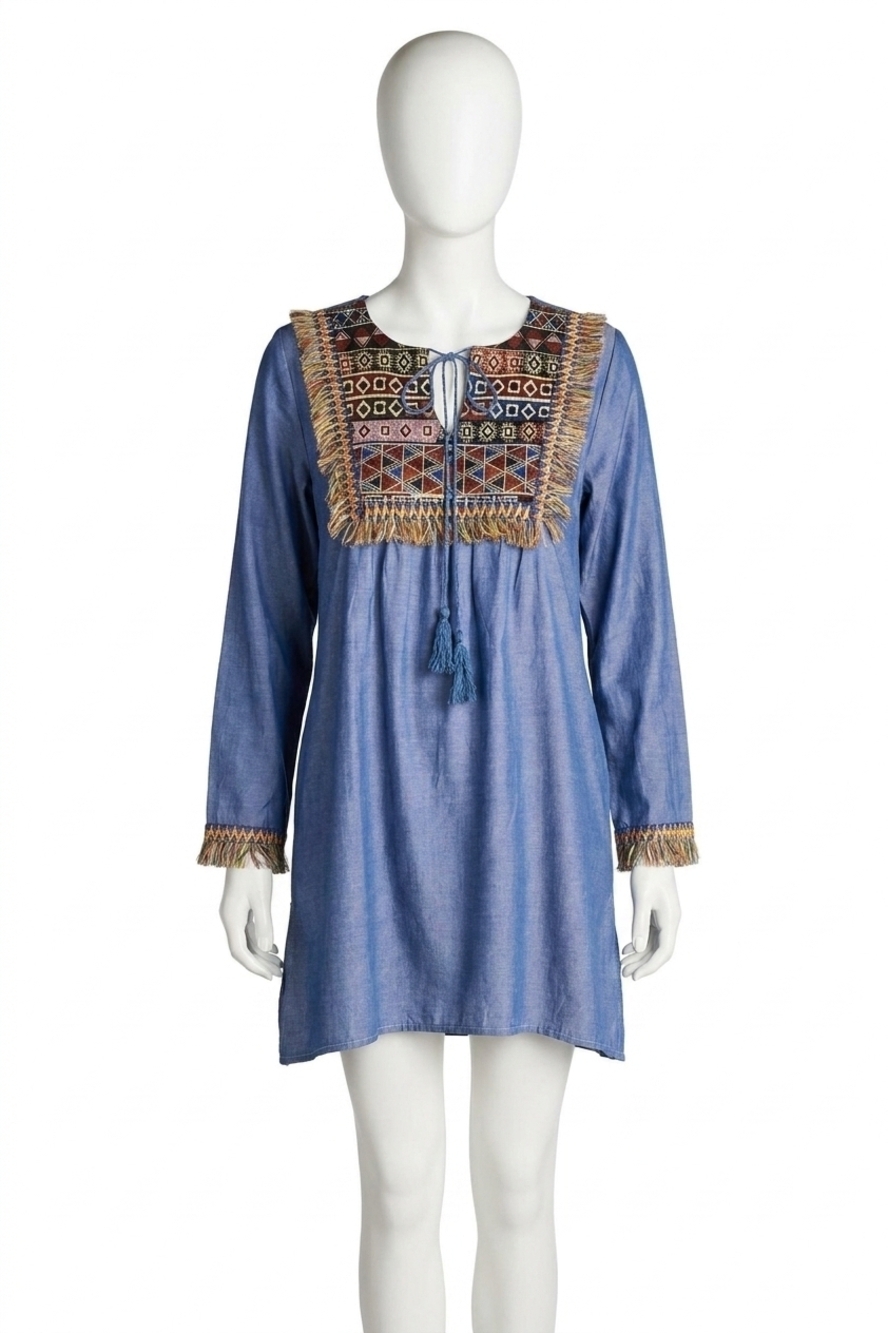 NEW VELZERA fringe geometric chambray mini dress in blue